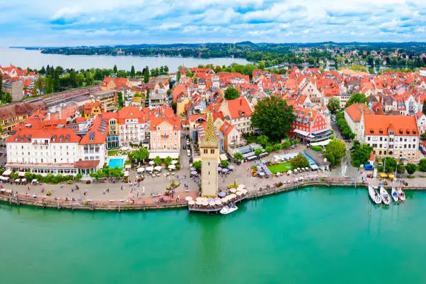 Lindau aerial panoramic view. Lindau is a major town and island on the Lake Constance or Bodensee in Bavaria, Germany.
