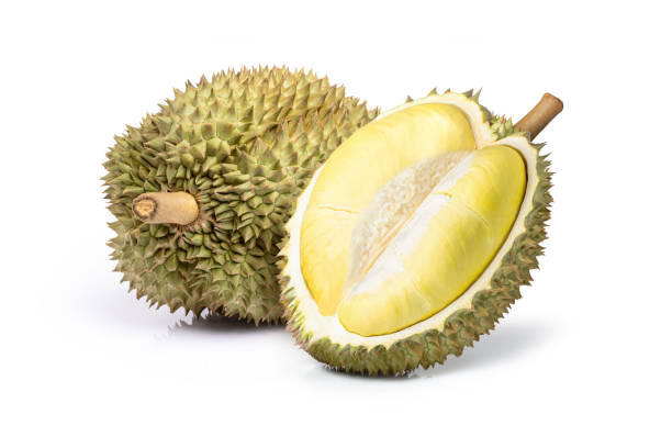 istock Durian fruit with cut in half sliced isolated on white 1492272645