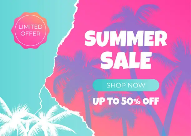 Vector illustration of Summer sale banner design with tropical beach backdrop with palm trees, sunset, and a ripped paper texture. Perfect for summer sales, promotions, flyers, posters. Torn colored paper.