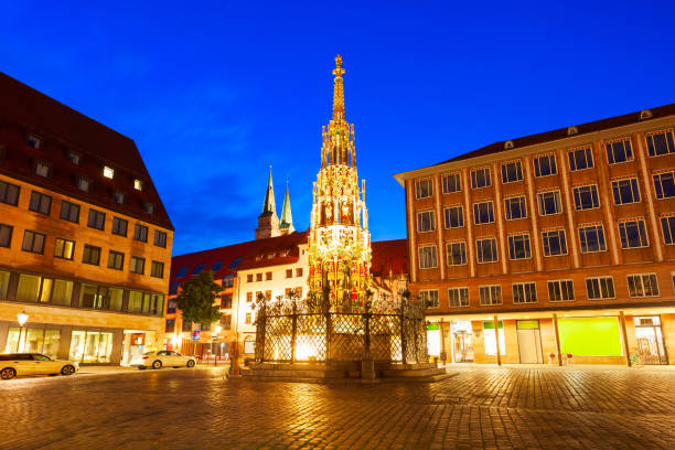 Schoner Brunnen is a 14th century fountain located at Hauptmarkt main square in Nuremberg old town. Nuremberg is the second largest city of Bavaria state in Germany.