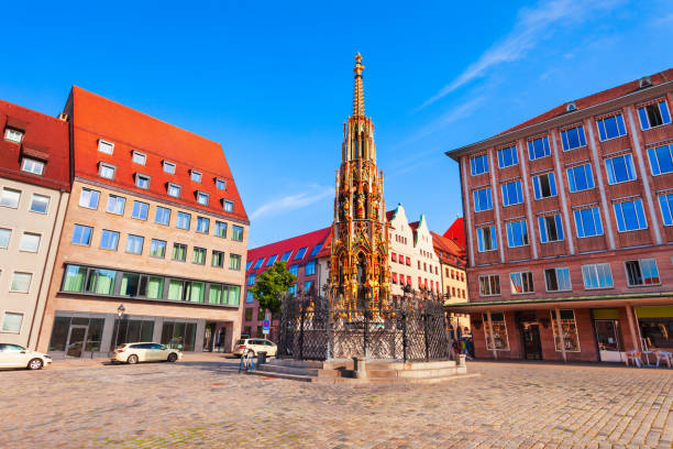 Schoner Brunnen is a 14th century fountain located at Hauptmarkt main square in Nuremberg old town. Nuremberg is the second largest city of Bavaria state in Germany.