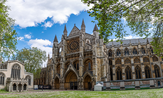 Wide panoramic view of the famous Westminster Abbey Christian Church in the - City of Westminster in London Central.