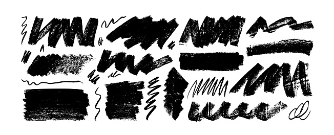 Charcoal bold zigzag lines and scribbles. Brush drawn vector scratches, scribbles, bold various shapes. Childish drawing bold strokes. Grunge pen scratches collection, graffity style shapes.