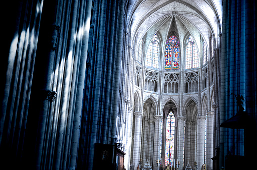 Interior of the Cathedrale Saint Etienne de Meaux at Place Saint Pierre in the town of Meaux, 30 miles east of Paris, France.