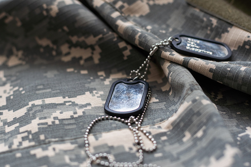 Army uniform insignia badges on camouflaged uniform background.