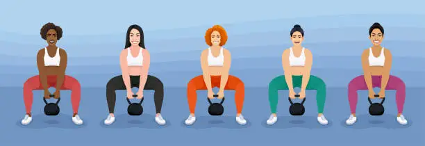 Vector illustration of Multi-ethnic group of beautiful women play sports, exercise and lead active lifestyle. Group of people in gym training.