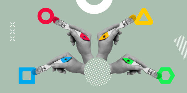 istock Collaboration, diversity of the inner world, art and harmony. Four hands with brushes draw circle, square, triangle and hexagon in different colors. Minimalistic art collage 1492285741
