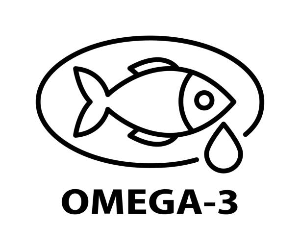 illustrazioni stock, clip art, cartoni animati e icone di tendenza di omega 3 line icon fish oil supplement logo design. - omega 3 white background medicine cod liver oil