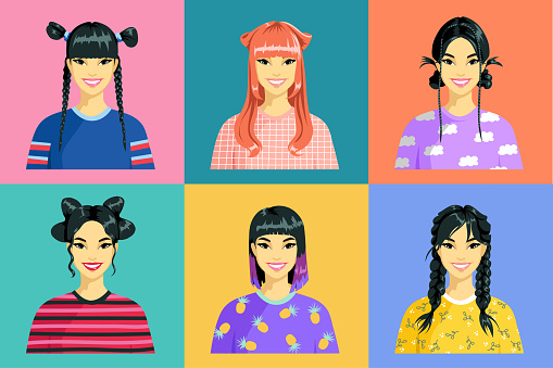 Portraits of Asian girls on colored backgrounds. Avatars of smiling young women. Girls with braids, bunches of hair, bob cut, hair bows, hair ears. Cartoon style. Vector illustration.