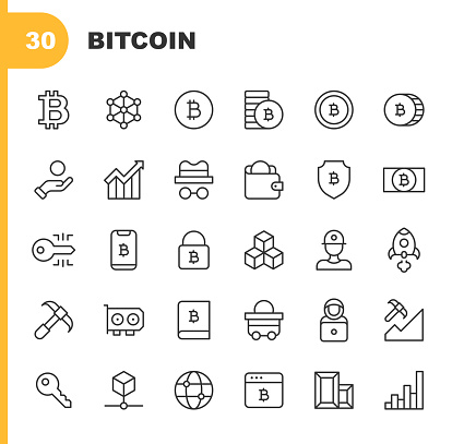 30 Bitcoin Line Icons. Anonymous, Bank,, Bitcoin, Blockchain, Bull Market, Chart, Coin, Computer Network, CPU, Cryptocurrency, Currency, Diagram, Digital, Exchange, Finance, Gold, GPU, Growth, Hacker, Key, Ledger, Market, Miner, Mining, Mobile App, Money, Network, Padlock, Processor, Rocket, Security, Smartphone, Startup, Technology, Transfer, Wallet, Web3, Web Browser.