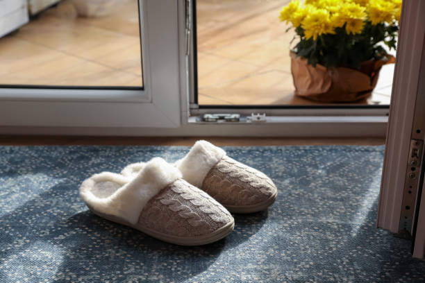 Pair of beautiful soft slippers on mat in room