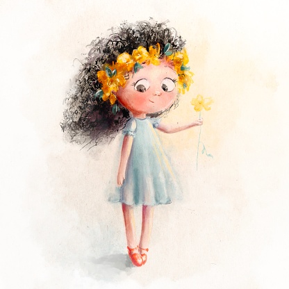Curly black-haired girl with yellow flower Childish cartoon illustration