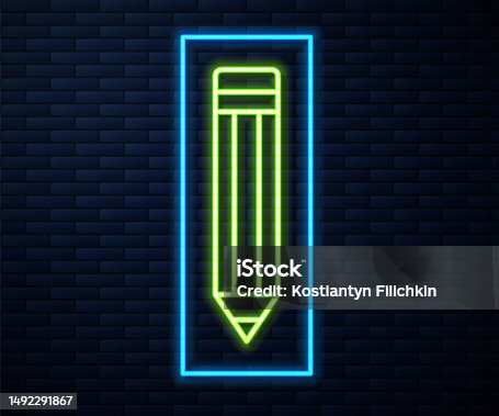 istock Glowing neon line Pencil icon isolated on brick wall background. Drawing and educational tools. School office symbol. Vector 1492291867