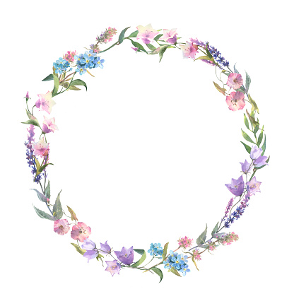 Floral wreath. Watercolor field flower round frame. Wildflowers isolated on white background. Meadow flowers circle border