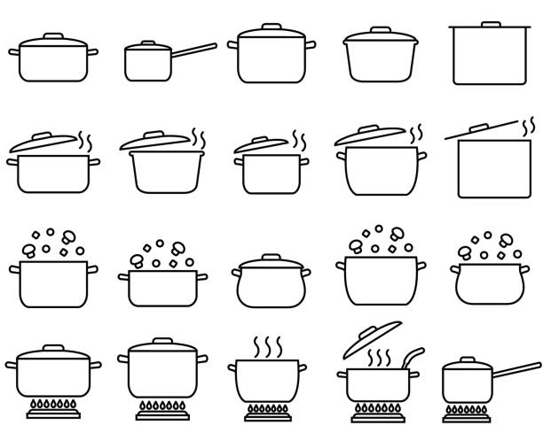 Pan line set icon, cooking food logo vector