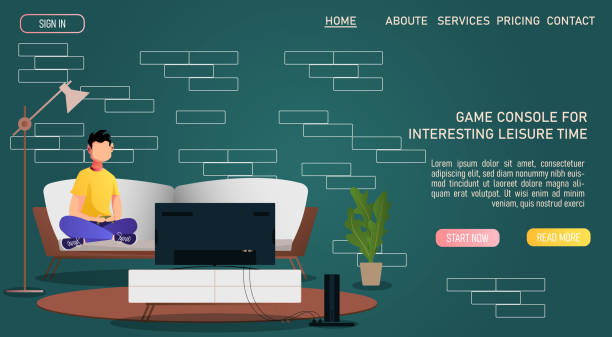 istock Young man sitting on the sofa and playing a game console in front of the TV. Living room, interior, home leisure, spare time, television concept. Vector illustration for poster, banner, website. 1492296062
