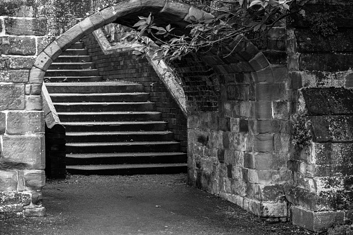Old stone church steps in black and white