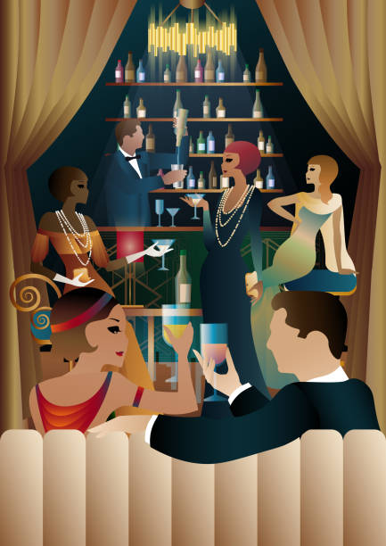 The retro party at the bar. Art deco The party at the bar in the style of the early 20th century. Retro party vector illustration. Art Deco style. 1930s style men image created 1920s old fashioned stock illustrations