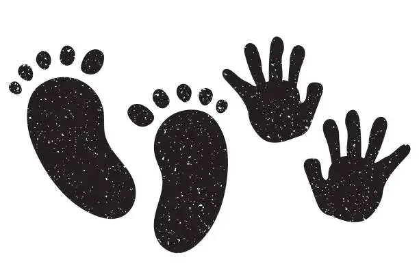 Vector illustration of Ink childrens footprints of hands and feet.