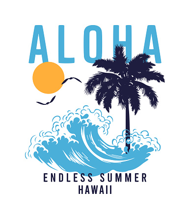 Aloha, Hawaii t-shirt design with waves, palm tree and sun. Surfing tee shirt graphics with wave, tropical palm and slogan. Hawaii apparel print. Vector illustration.