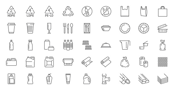 Plastic packaging line icons set. Disposable tableware, water bottle, blister pack, container, canister, garbage bag, bubble wrap vector illustration. Outline signs of polyethylene. Editable Stroke.