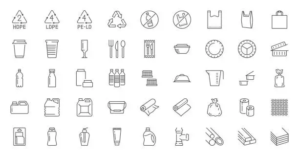 Vector illustration of Plastic packaging line icons set. Disposable tableware, water bottle, blister pack, container, canister, garbage bag, bubble wrap vector illustration. Outline signs of polyethylene. Editable Stroke