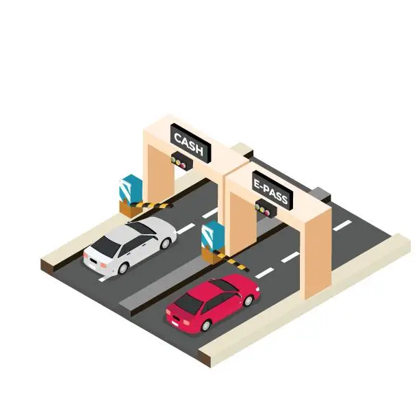 Vector illustration of Cars passing through checkpoint to pay road toll at highway