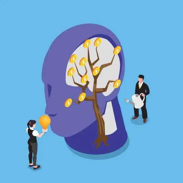 Vector illustration of Businessman planting money trees and human heads. growth of financial thinking