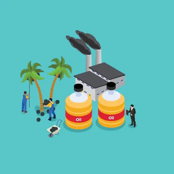 Vector illustration of Palm oil, plantation, oil refinery, palm oil research