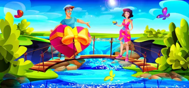 Vector illustration of Summer holiday concept for lovers in cartoon style. A young guy and a girl on a bridge with a waterfall on a sunny summer day against the backdrop of lush greenery.