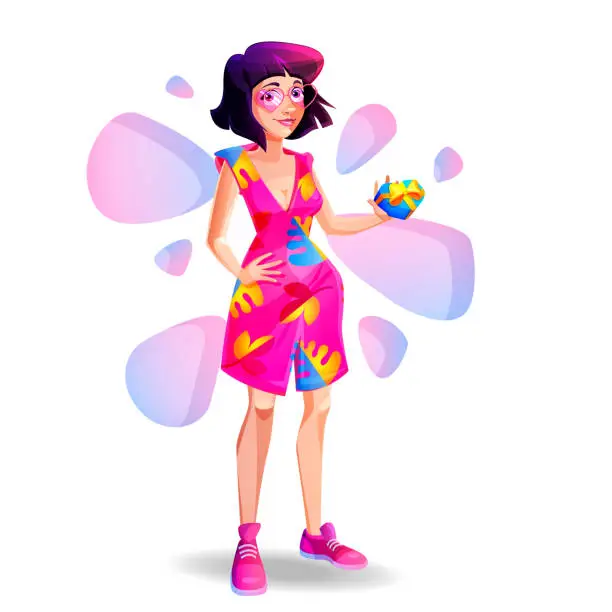 Vector illustration of Summer girl in cartoon style. Beautiful girl in a bright dress in sunglasses with a gift on an isolated white background.