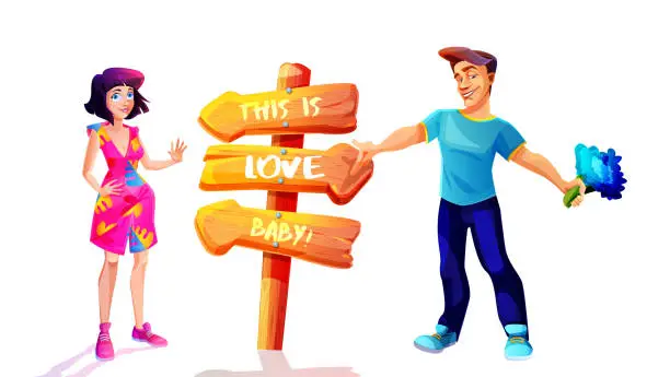 Vector illustration of Lovers in cartoon style. A young guy and a girl with a wooden signboard with arrows of love on an isolated white background.