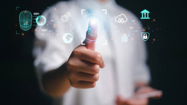 istock Biometrics security, Women use fingerprint identification to access personal financial data. The idea for E-kyc electronic know your customer, innovation technology against digital cybercrime. 1492304237