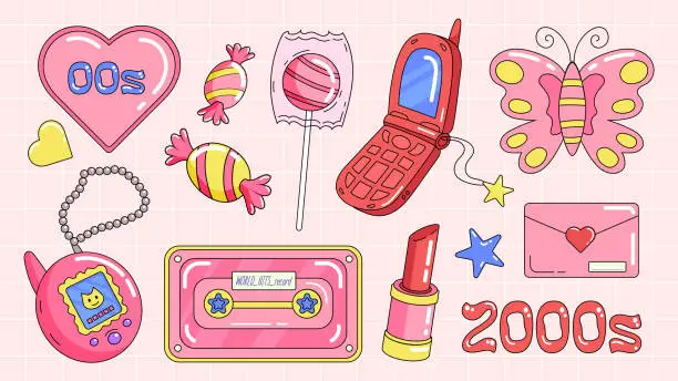 Vector illustration of Trendy Y2K group of nostalgic retro objects, 2000s mobile phone, audio cassette, sweets and lollipops, gamepads, lipstick, hearts and butterfly.