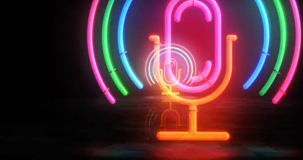 Microphone podcast neon symbol. Audio music on air broadcast symbol light color bulbs. Abstract concept 3d illustration.