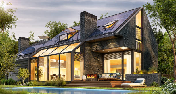 istock Modern house with swimming pool and solar panels 1492307477