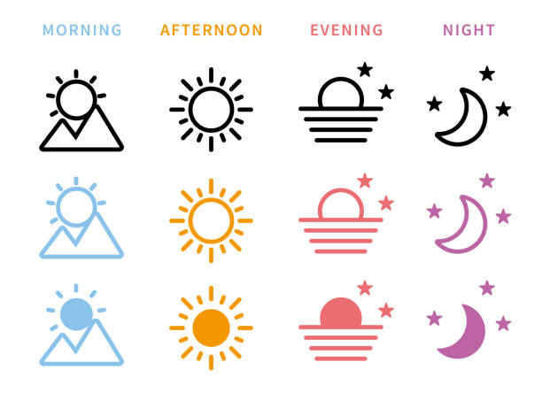 icon set image of Morning, noon, evening, night. Set of morning, afternoon and evening icons. The background is transparent. morning afternoon night stock illustrations