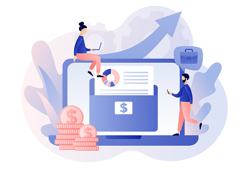 Investment portfolio online. Tiny people with stock portfolio planning invest strategy, savings and budgets. Diversified assets. Financial management concept. Modern flat cartoon style. Vector illustration