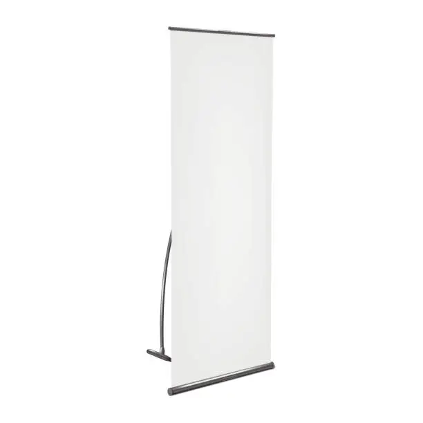 Vector illustration of Blank vertical L-banner stand vector mockup. White vertical advertising display mock-up
