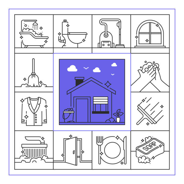 Cleaning Service Banner Line Icon Set Design Cleaning Service Banner Line Icon Set Design throwing in the towel illustrations stock illustrations