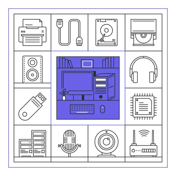 Vector illustration of Computer and Devices Banner Line Icon Set Design