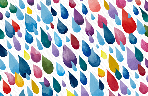 Playful vibrant watercolor raindrops combined with hand drawn doodle elements. Each drop is isolated as a single object.