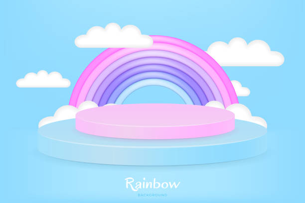istock 3D Toy Pink Podium with Colorful Clouds in Blue Sky and Rainbow Abstract 3D Vector Illustration for Advertising, Baby, Celebration. Pedestal with Steps for Product Display of Kids Toys 1492311121