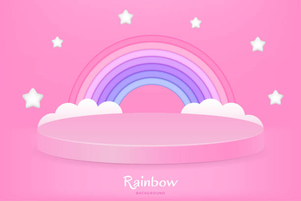 istock Podium with Clay Effect Rainbow and Clouds. Abstract 3D Design with Cute Baby Toys and Pink Background Vector Illustration for Advertising, Banner or Poster Template. Pedestal for Product Presentation 1492311190