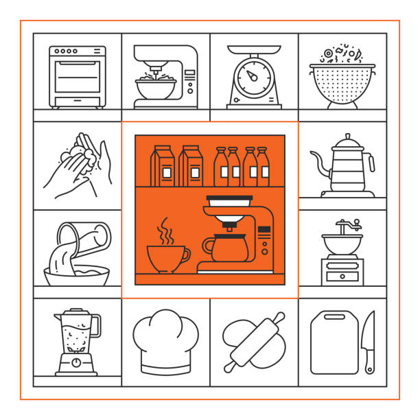 illustrations, cliparts, dessins animés et icônes de conception de l’ensemble d’icônes de la ligne de bannière de cuisine - timer cooking domestic kitchen time
