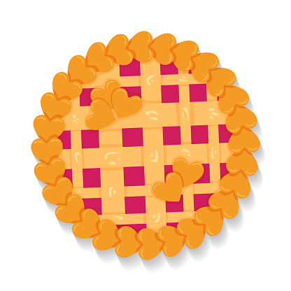 Raspberries jam pie with lattice crust and heart shape decorations. Top view. Delicious festive cake for Valentine's Day, Women's Day, Mother's Day, National pie day. For web, menu, recipe, delivery