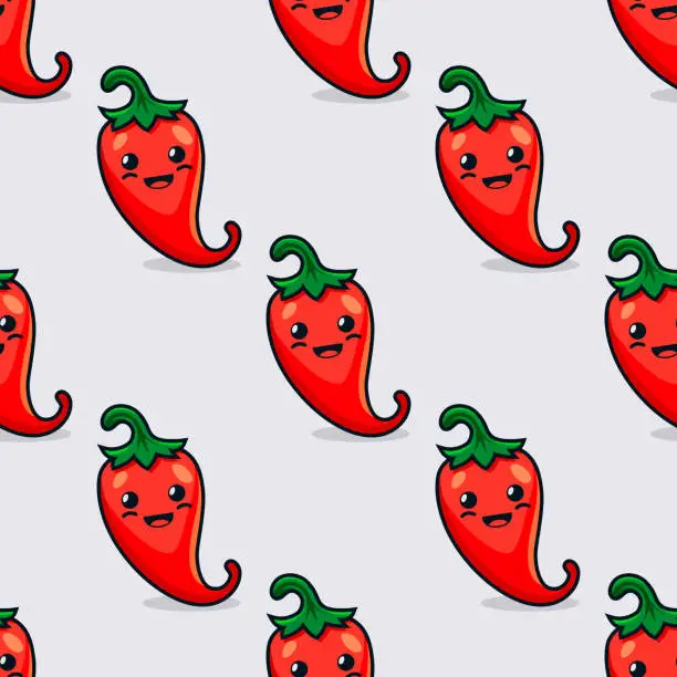 Vector illustration of Vector Seamless Pattern with Cartoon Cute and Funny Red Hot Chili Peppers. Kawaii Style. Fresh Chili Hot Pepper with Smiling Face, Happy Emotion. Vector Illustration