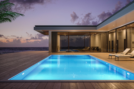 swimming pool with rusty stairs filling with clear sky and palm tree shade. 3d render