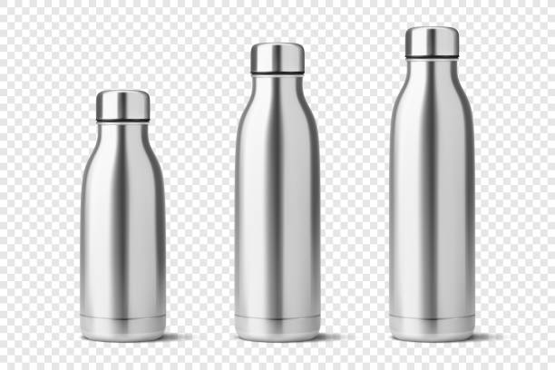 istock Vector Realistic 3d Silver Chrome Steel Empty Glossy Metal Reusable Water Bottle with Silver Bung Set Closeup Isolated. Design template of Packaging Mockup. Front View 1492315303
