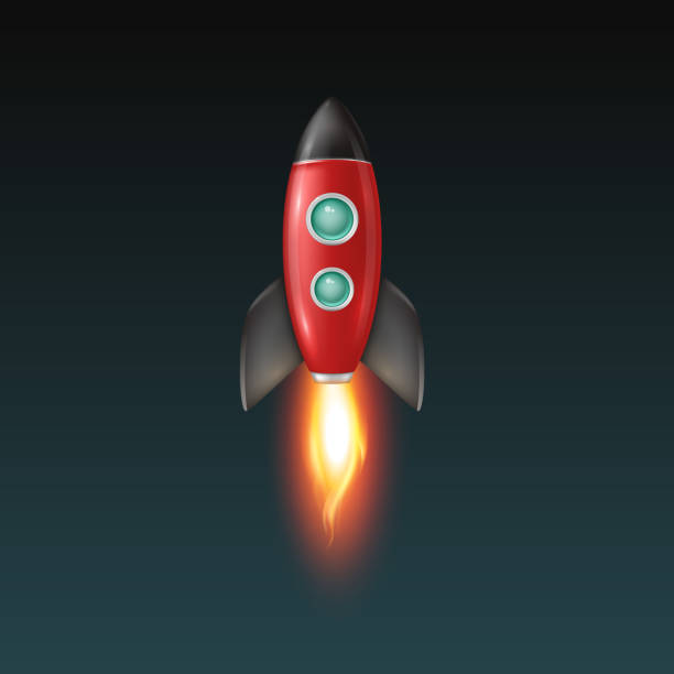 ilustrações, clipart, desenhos animados e ícones de lançamento de foguete espacial vermelho e preto vetorial em fundo escuro do céu. modelo de design de foguete espacial para negócios, projeto start-up, processo de desenvolvimento, ideia criativa etc. - taking off firework display rocket smoke